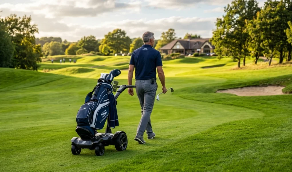 Electric Stewart Golf follow caddy trolley following a golfer down a rolling green golf fairway