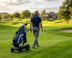 Electric Stewart Golf follow caddy trolley following a golfer down a rolling green golf fairway