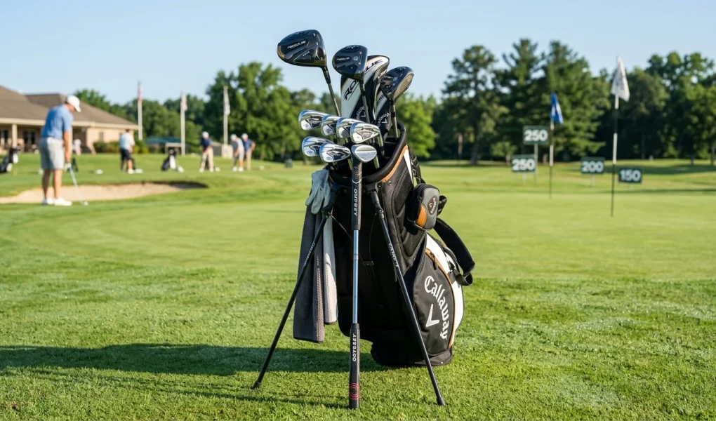 Callaway Men's Golf Club Sets: Edge, Strata & XR Reviews 1 Premium Callaway mens complete golf club set in a stand bag on a practice range green (AI Generated Image)