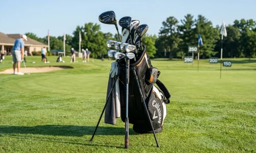 Premium Callaway mens complete golf club set in a stand bag on a practice range green