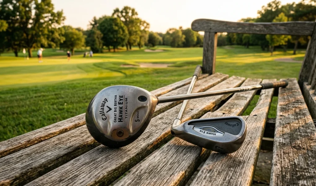 Callaway Hawk Eye Golf Clubs: Great Big Bertha Heritage 1 Classic Callaway Great Big Bertha Hawk Eye titanium wood and iron with tungsten sole plug (AI Generated Image)
