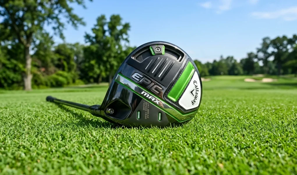 Callaway Epic Max Driver Review: Jailbreak Speed & Forgiveness 1 Callaway Epic Max driver showing green and black sole with Jailbreak Speed Frame on fairway turf (AI Generated Image)
