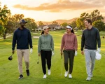 Diverse golf creators wearing modern athletic Adidas golf apparel on course fairway
