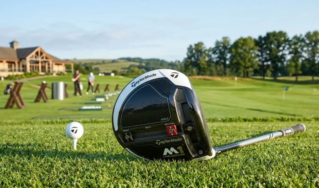 TaylorMade M1 driver with carbon composite crown and sliding weight tracks on driving range tee (AI Generated Image)