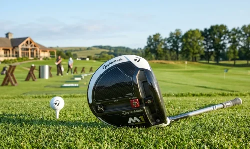 TaylorMade M1 driver with carbon composite crown and sliding weight tracks on driving range tee