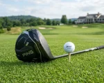 Modern PING G-series driver with aerodynamic turbulators on the crown on championship tee box