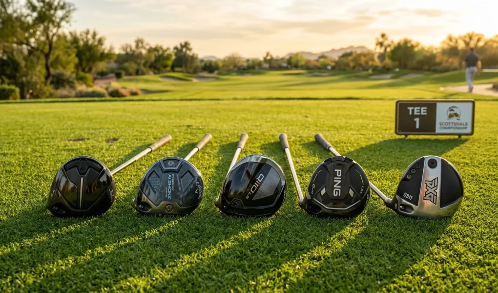 Good Golf Driver Guide: Top Tested Models & Buying Criteria 1 Lineup of modern flagship golf drivers resting on tournament tee turf during sunset (AI Generated Image)