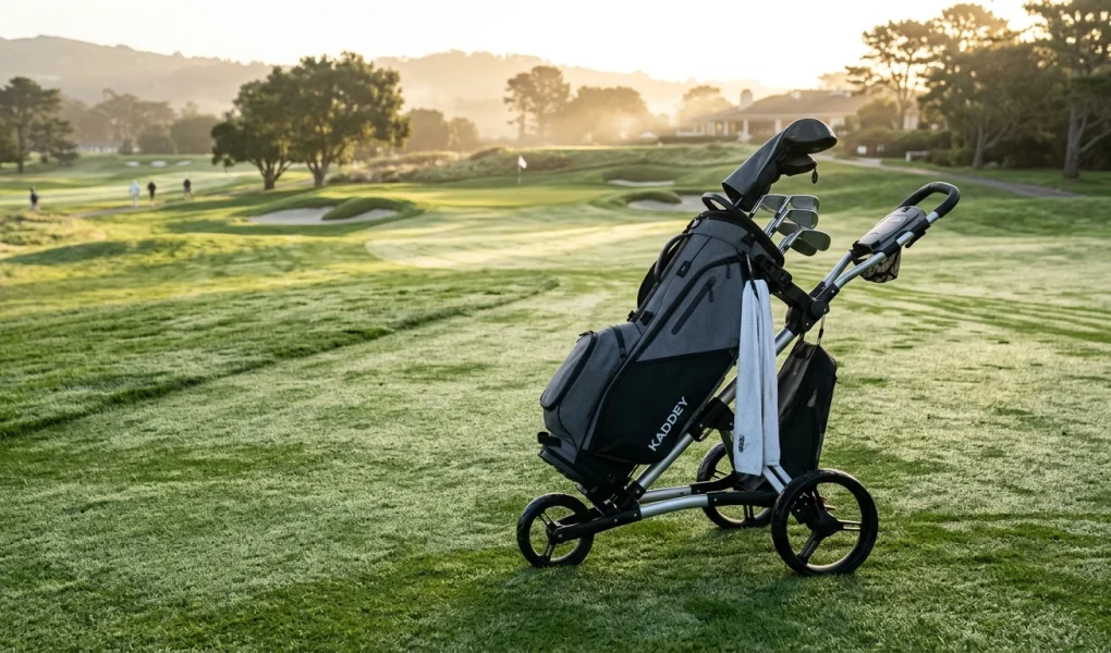 Kaddey Golf Switch 2-wheel trolley with minimalist golf bag on course fairway