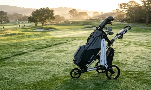 Kaddey Golf Switch 2-wheel trolley with minimalist golf bag on course fairway