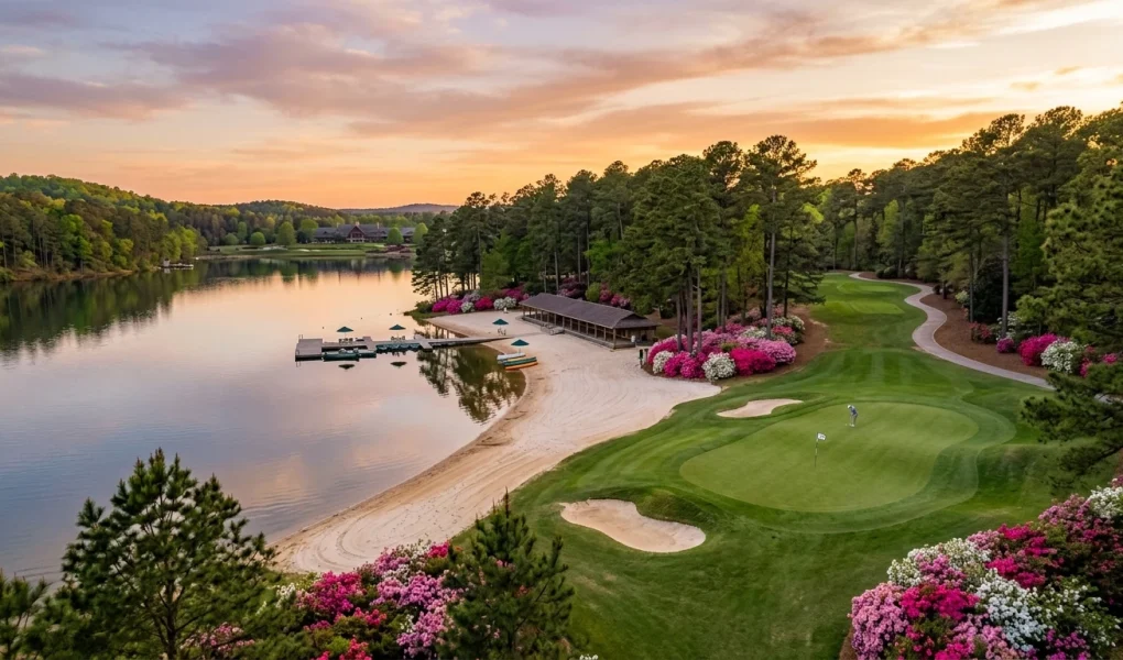Callaway Gardens Beach & Golf: Robin Lake Outdoor Guide 1 Robin Lake Beach and championship golf course green at Callaway Resort and Gardens in Georgia (AI Generated Image)
