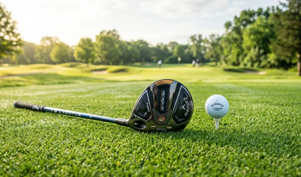 Callaway 7-Wood Fairway Guide: Paradym, Apex UW & Versatility 1 Modern Callaway 7-wood fairway club resting on short fairway grass with a golf ball ahead (AI Generated Image)